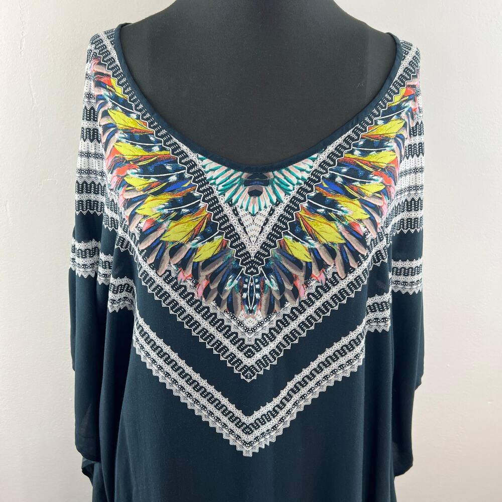 RED CARTER Black M/L Swim Cover Up Tunic Top Boho Peacock Scoop Neck 3/4 Sleeves - Picture 2 of 10